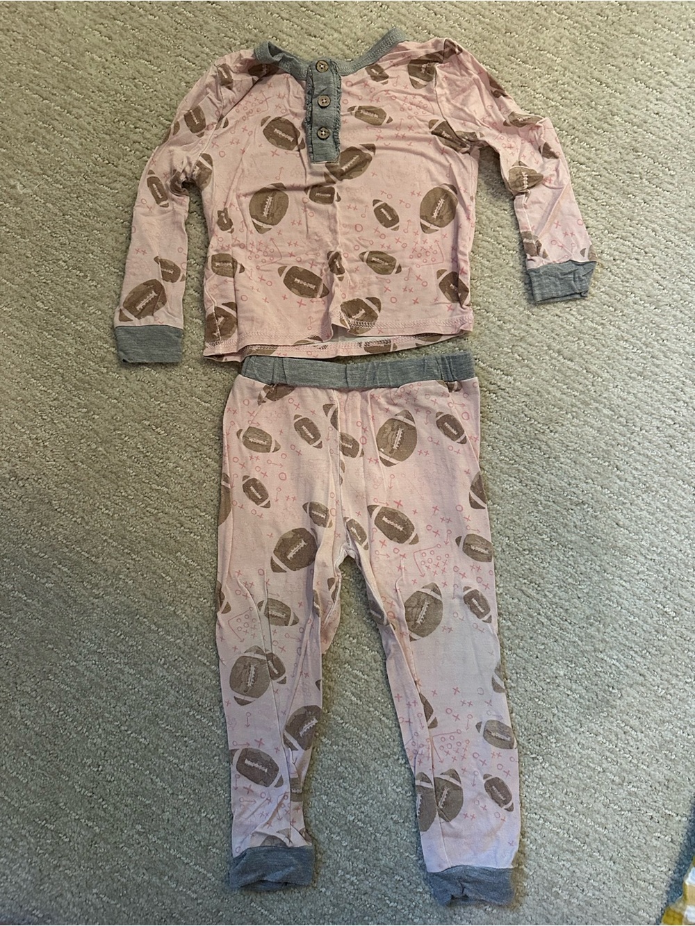 Mud Pie Pink Football Print Pajama Set with Gray Trim